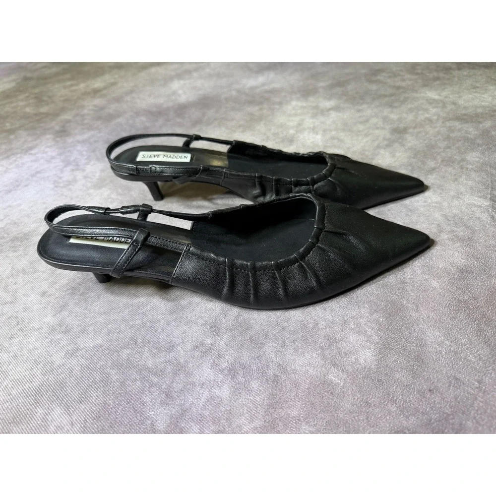 Steve Madden Earnest-R Black Leather Pleated Pointed Toe Slingback Kitten Heels